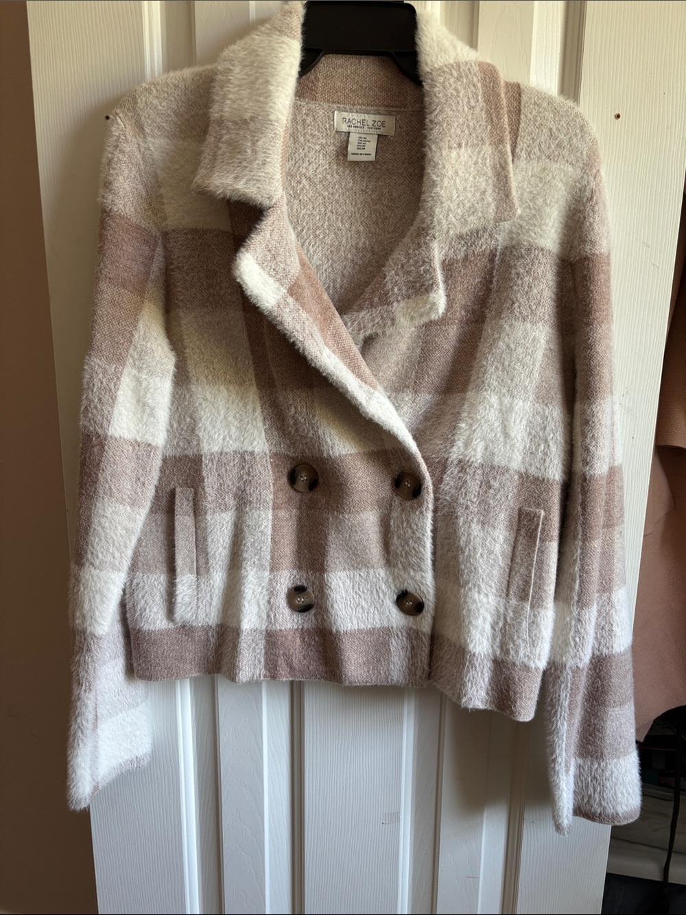 Rachel Zoe Cream and Tan Plaid Double-Breasted Pea Coat